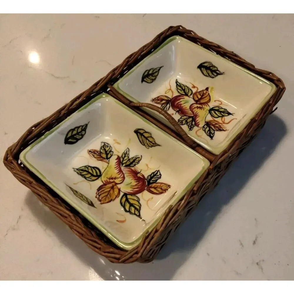 Vtg. Two Ceramic Serving Dishes In Divided Wicker Basket Japan Harvest Theme.